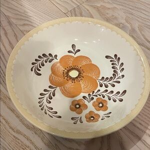 Floral Ceramic Bowl with Orange and Brown Design